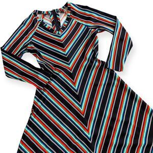 Vintage 70s Serape Stripe Polyester Midi Dress Large Chevron Long Sleeve Disco